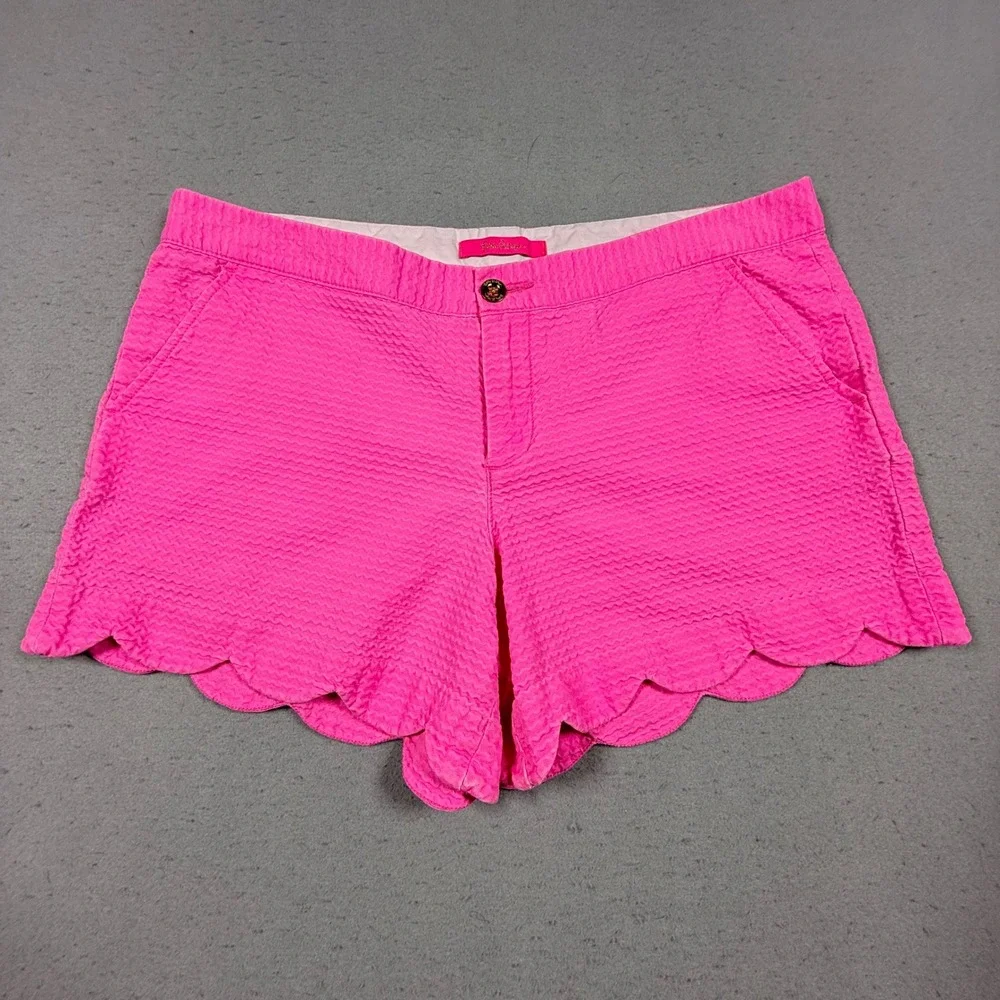 Lilly Pulitzer Buttercup Shorts Womens 12 Pink Seersucker Scalloped Hem Preppy